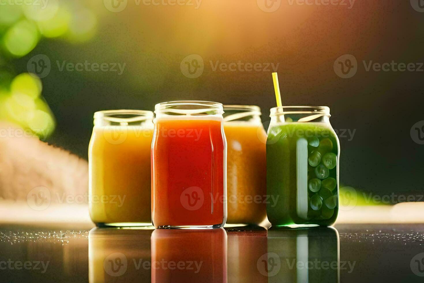 five different types of juices in glass jars. AI-Generated photo