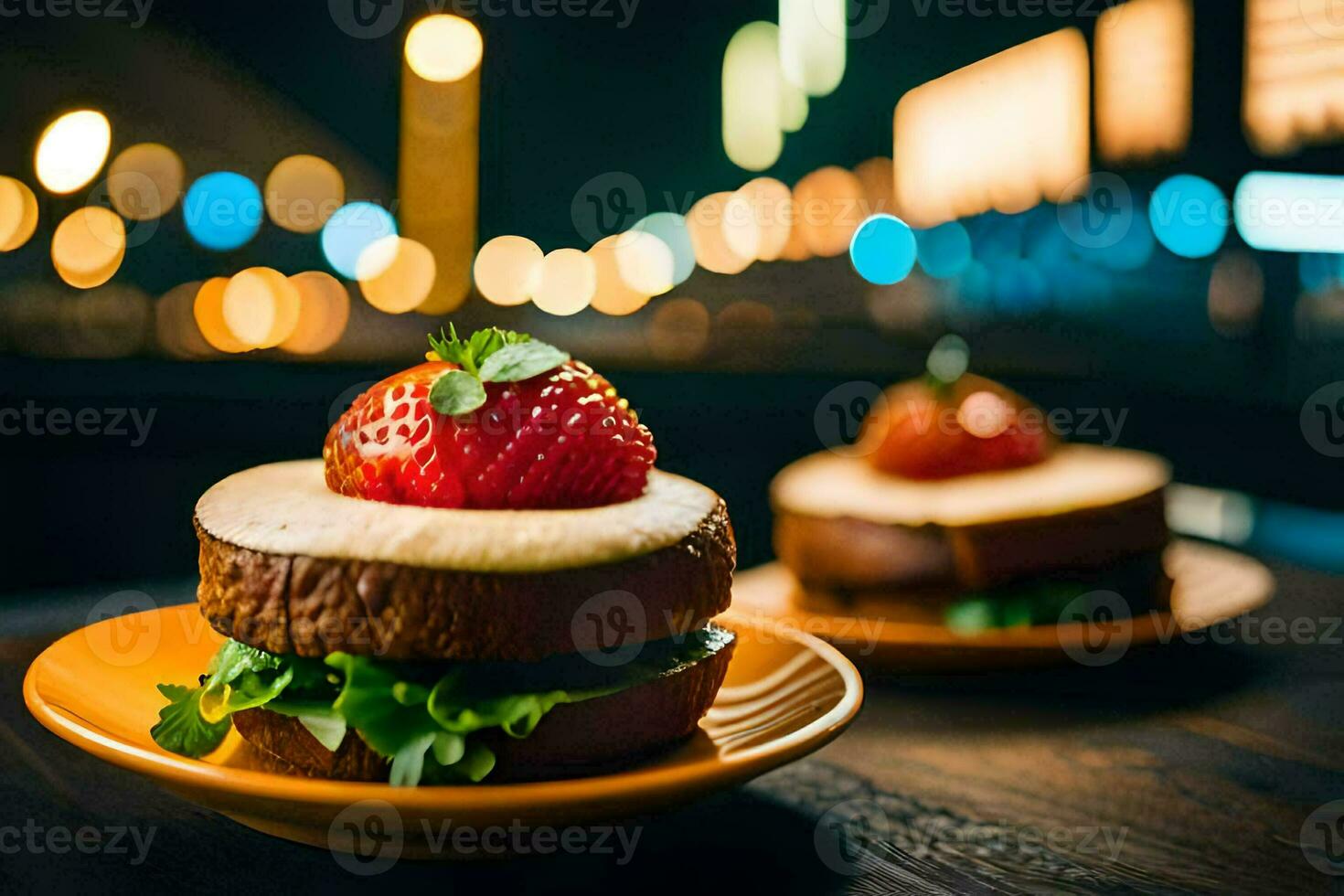 two sandwiches with strawberries on top of them. AI-Generated photo