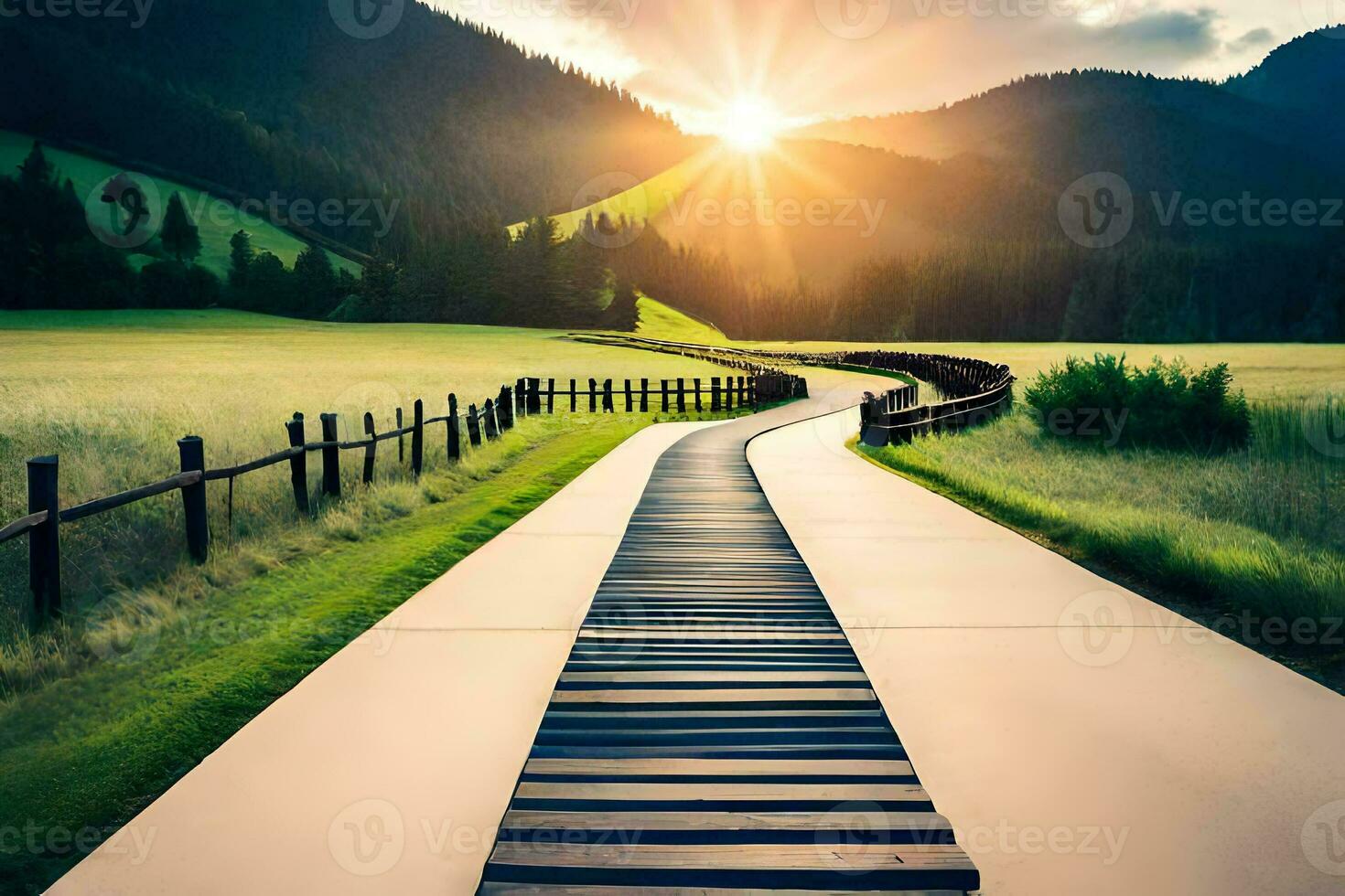 a wooden pathway leads to a field with mountains in the background. AI-Generated photo