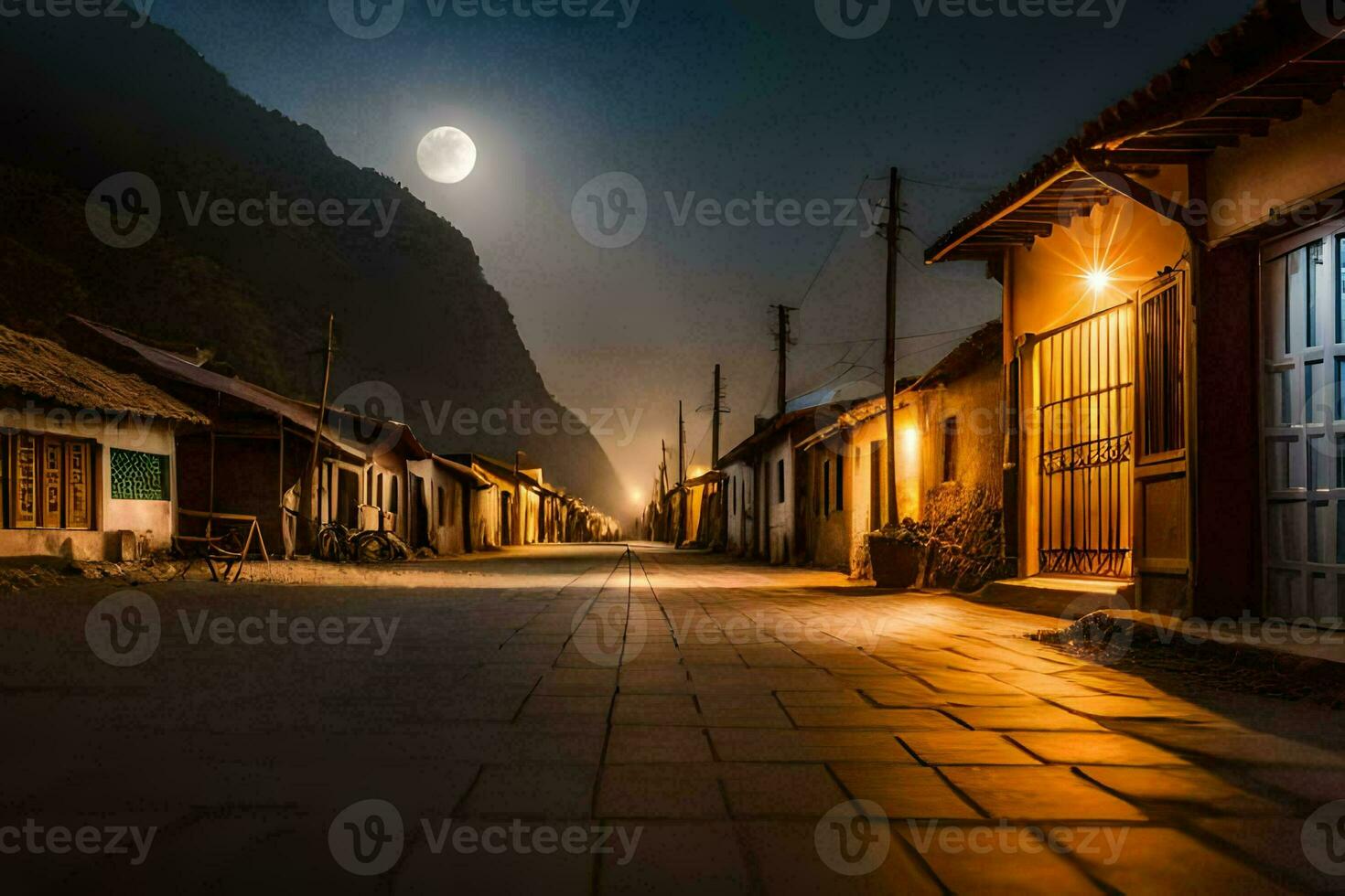 a street at night with a full moon. AI-Generated photo