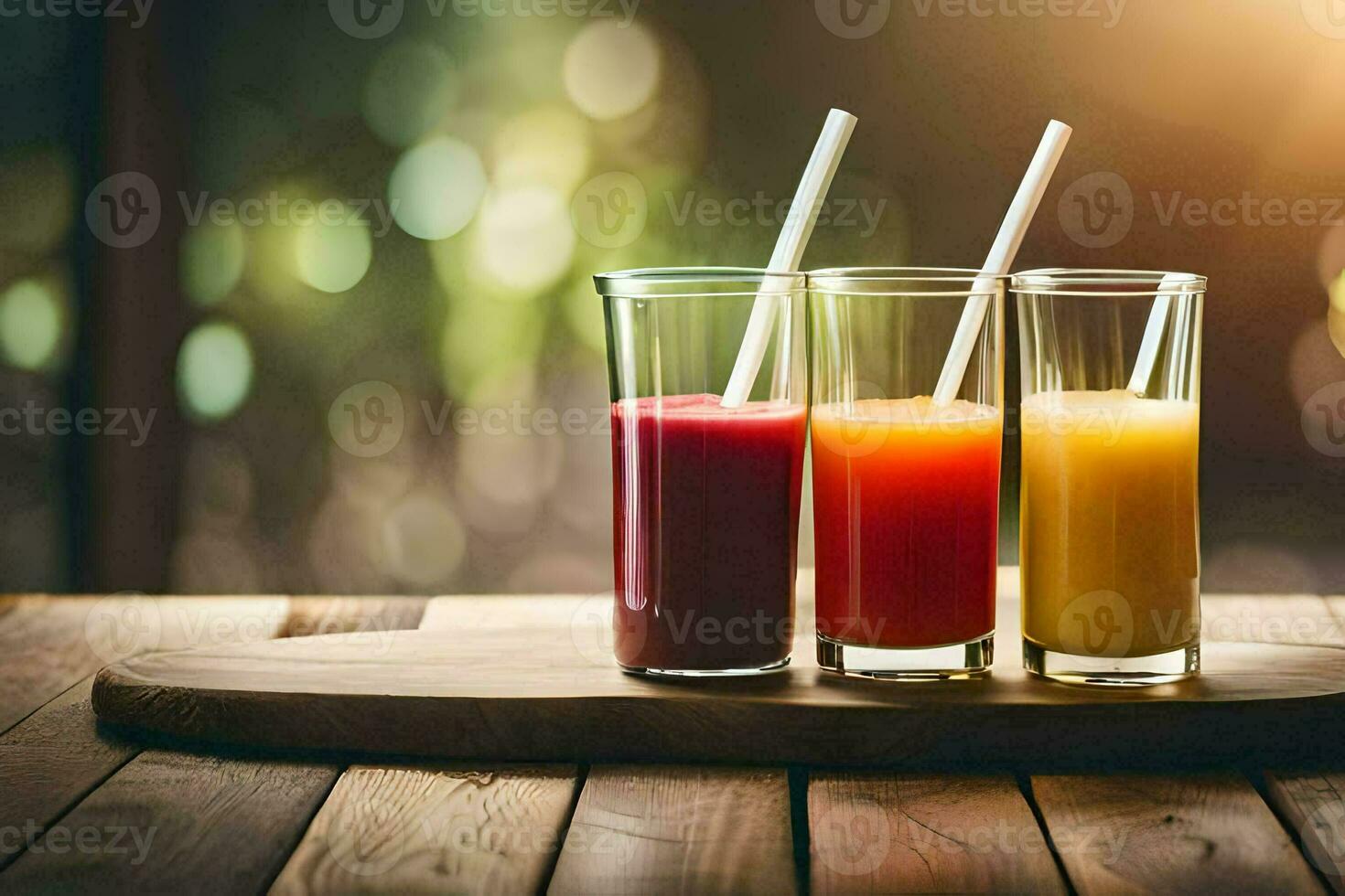 three glasses of juice on a wooden table. AI-Generated photo