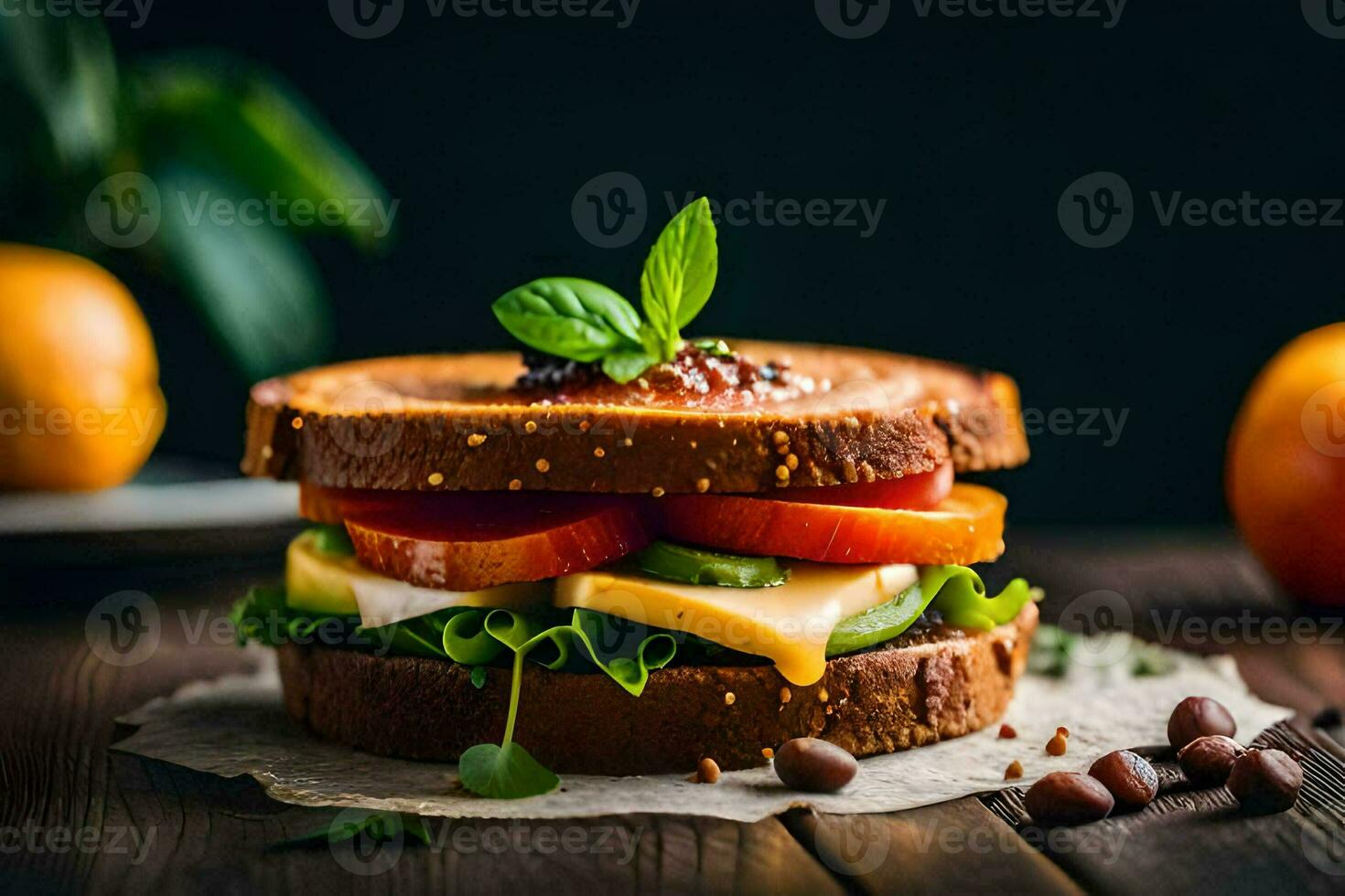 a sandwich with tomatoes, cheese and vegetables. AI-Generated photo