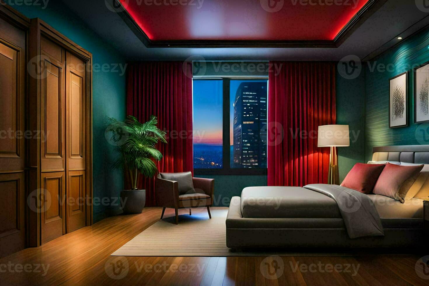 a bedroom with a red ceiling and wooden floors. AI-Generated photo