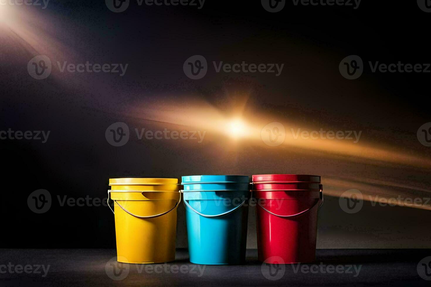 three buckets of paint on a dark background. AIGenerated 33595939