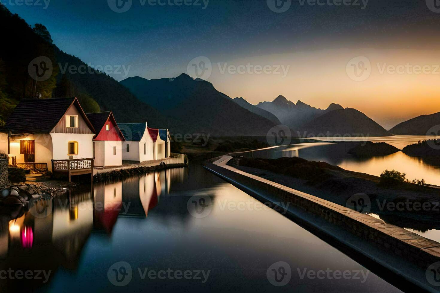 un lago y un fila de casas a puesta de sol. generado por ai foto