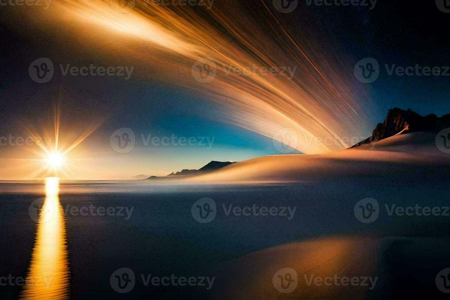 photo wallpaper the sky, the sun, the moon, the sea, the mountains, the water. AI-Generated