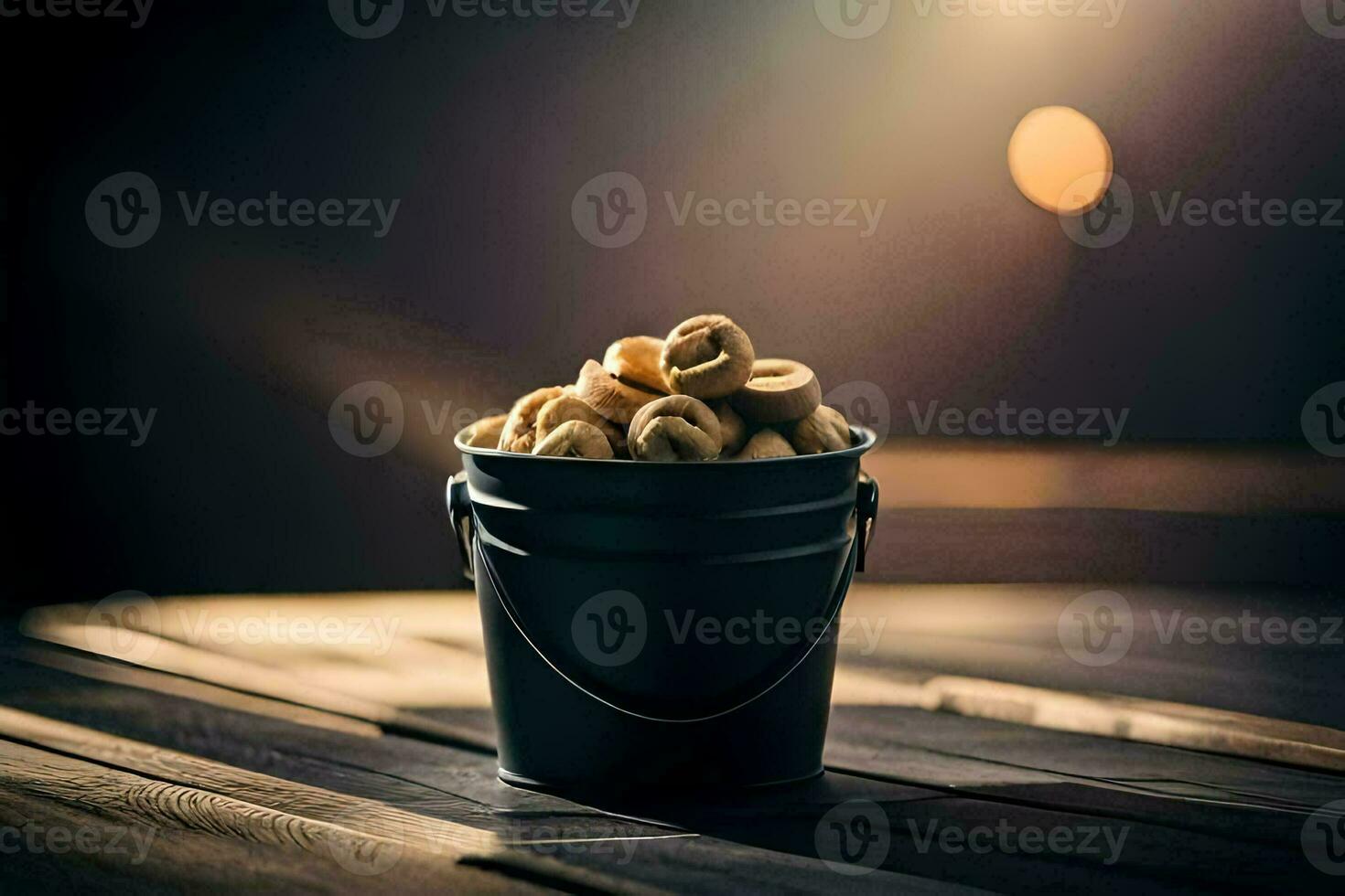 a bucket filled with nuts on a wooden table. AI-Generated photo