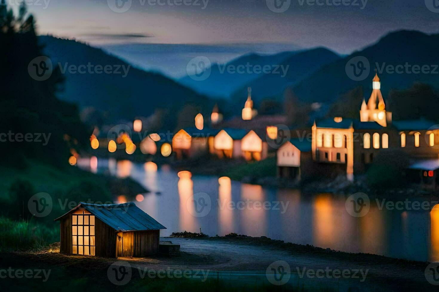 photo wallpaper the sky, water, mountains, houses, the village, the river, the village. AI-Generated
