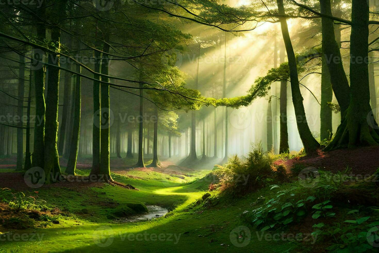 a forest with sunlight shining through the trees. AI-Generated photo