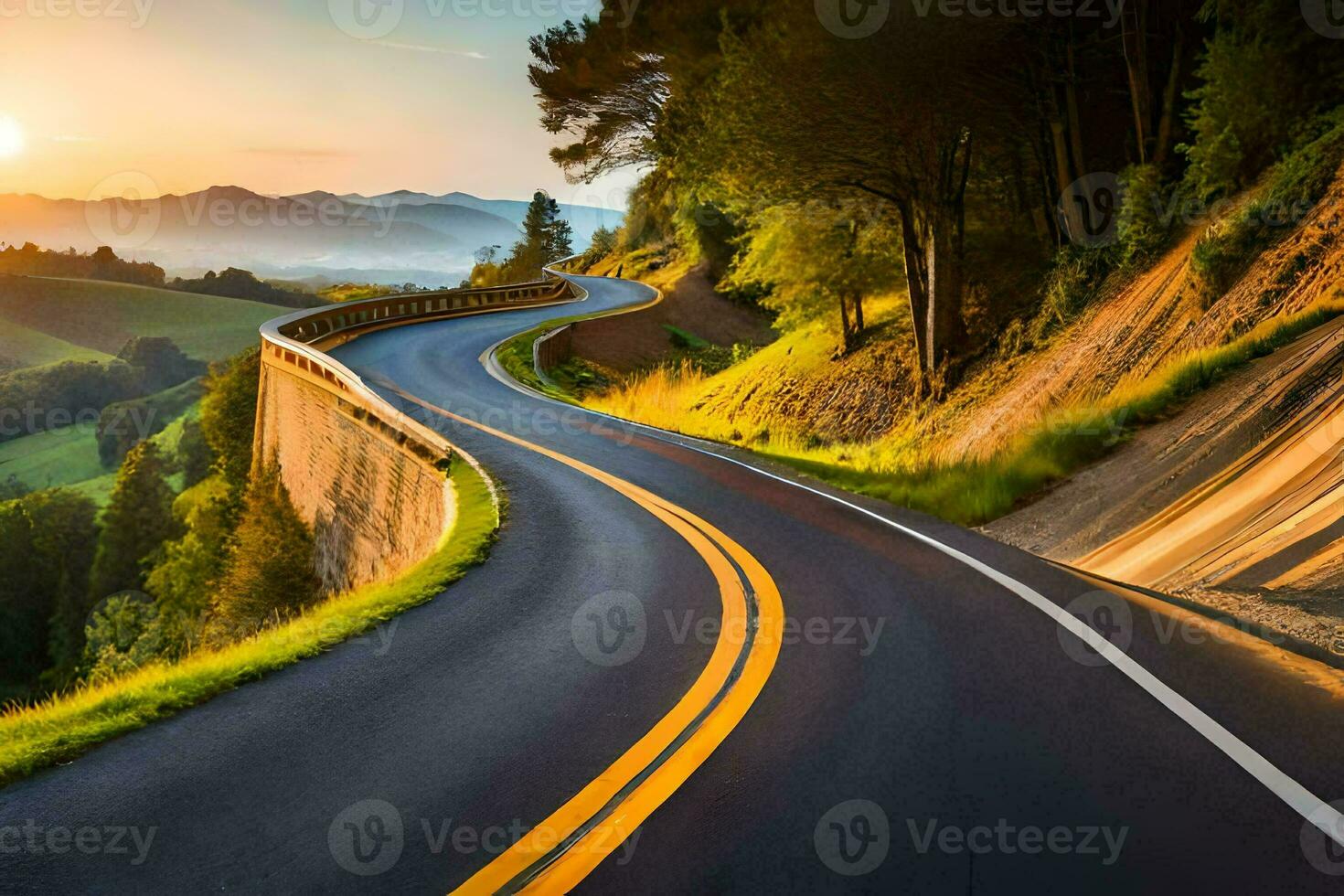 a winding road with the sun setting behind it. AI-Generated photo