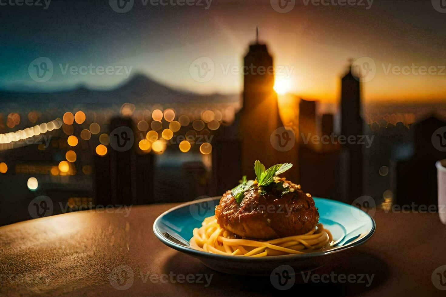 a plate of spaghetti and meatballs on a table in front of a cityscape. AI-Generated photo