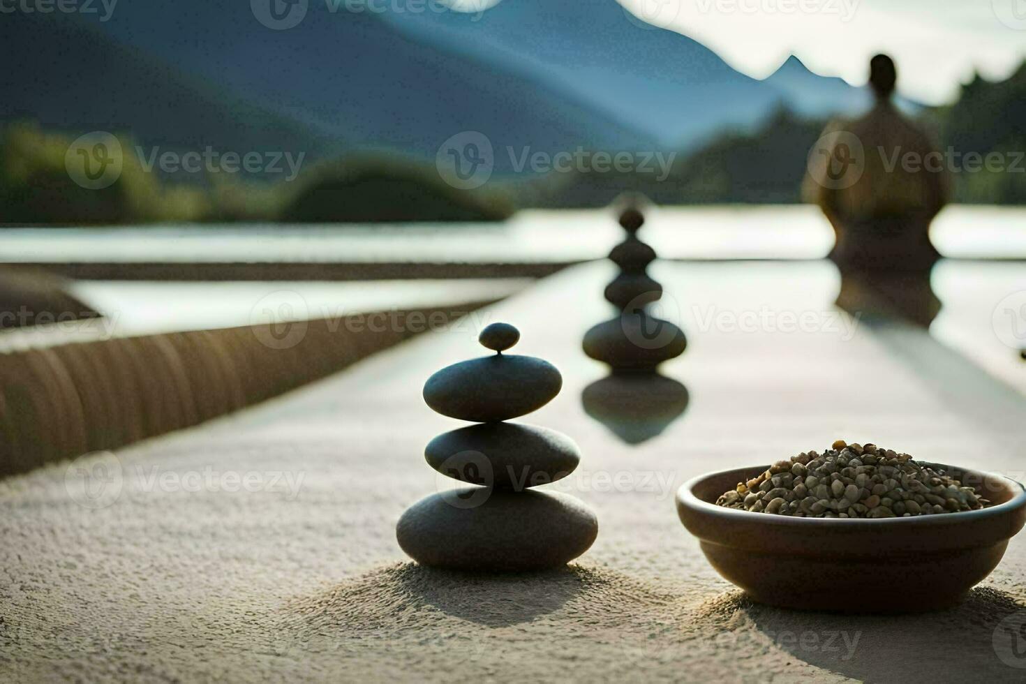 a bowl of stones and a person sitting in the middle of the sand. AI-Generated photo