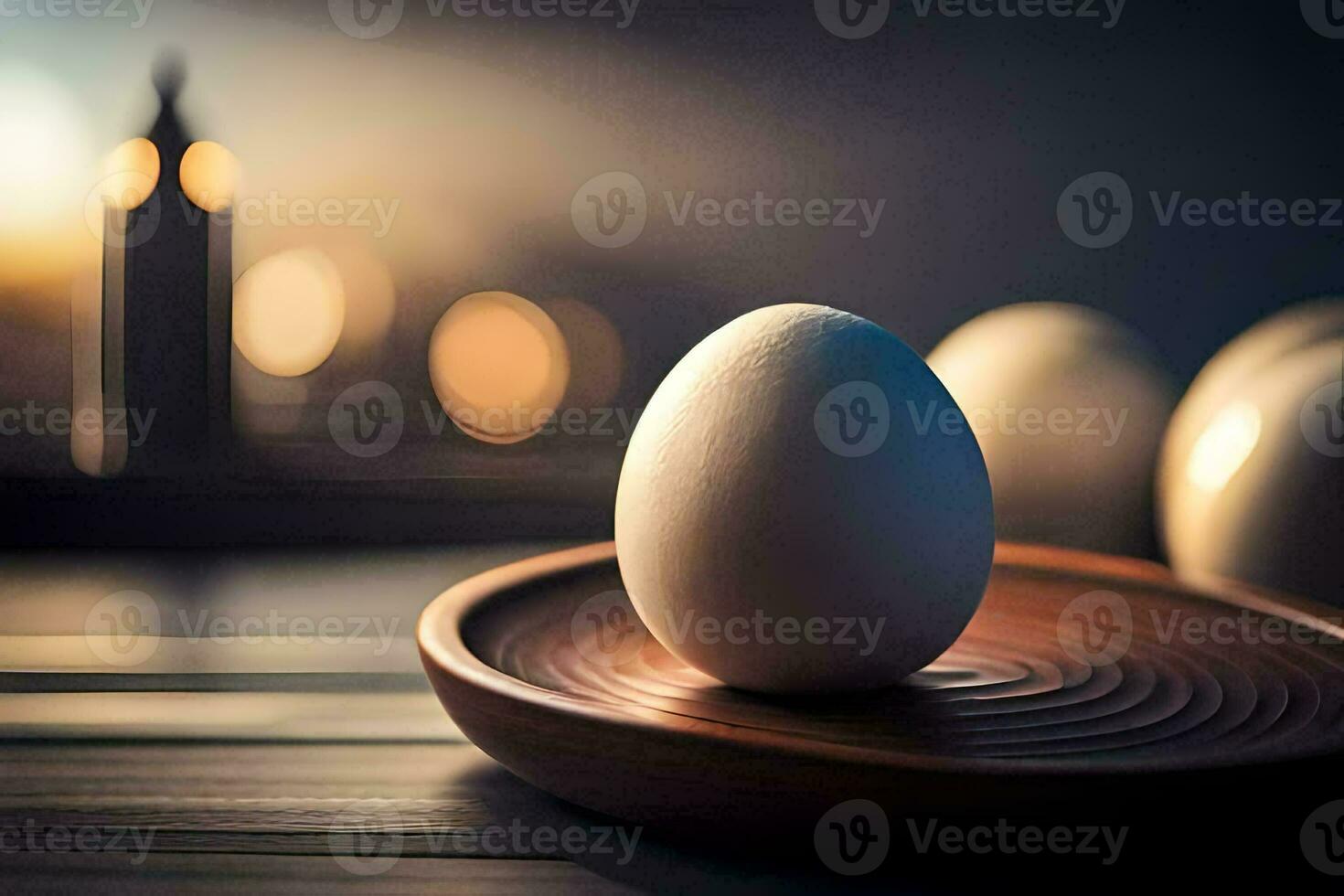 huevos en un plato en frente de un vela. generado por ai foto