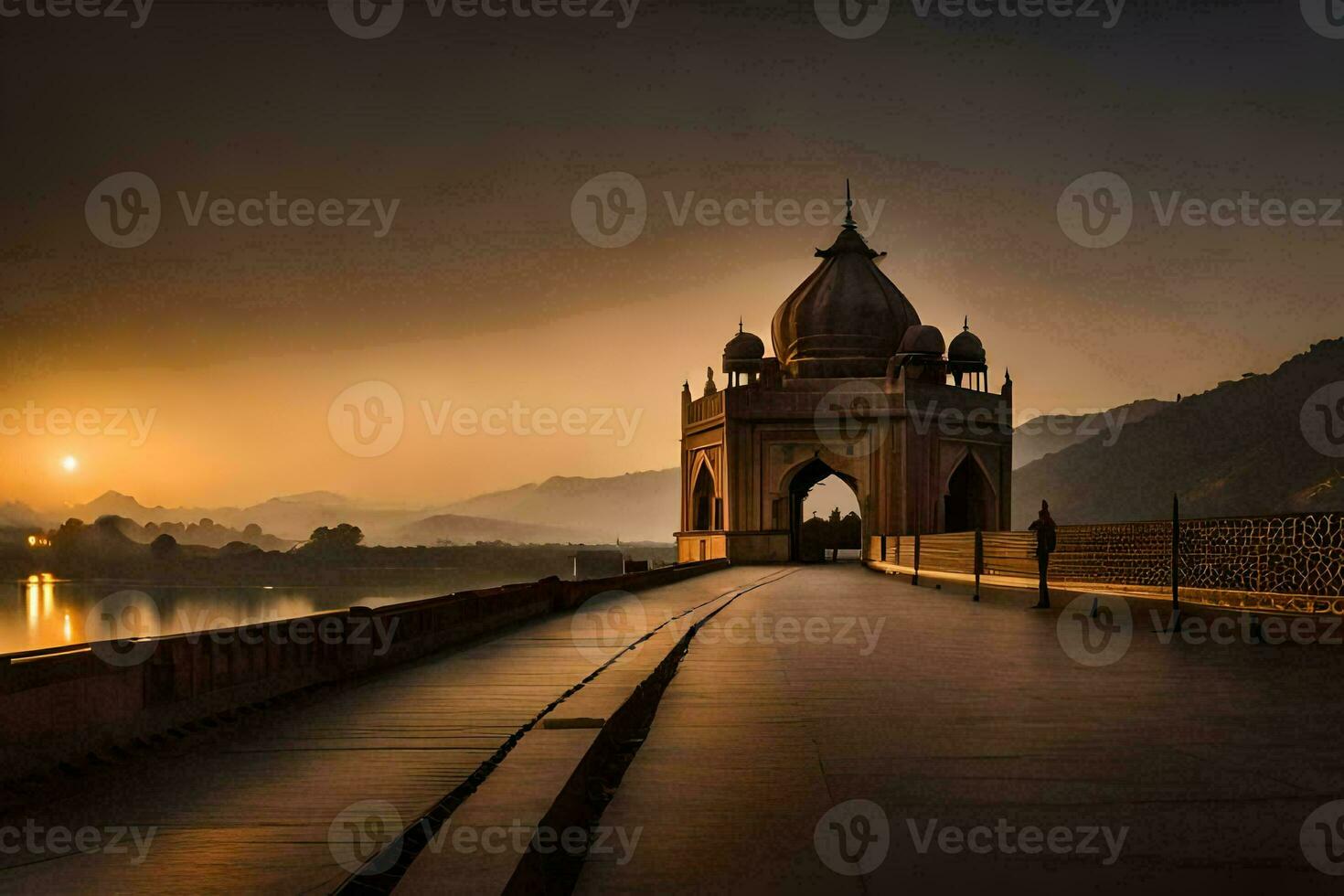 el puesta de sol terminado el lago a el taj mahal. generado por ai foto