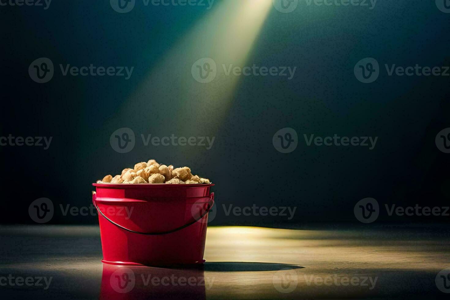 a bucket of popcorn on a table in front of a spotlight. AI-Generated photo