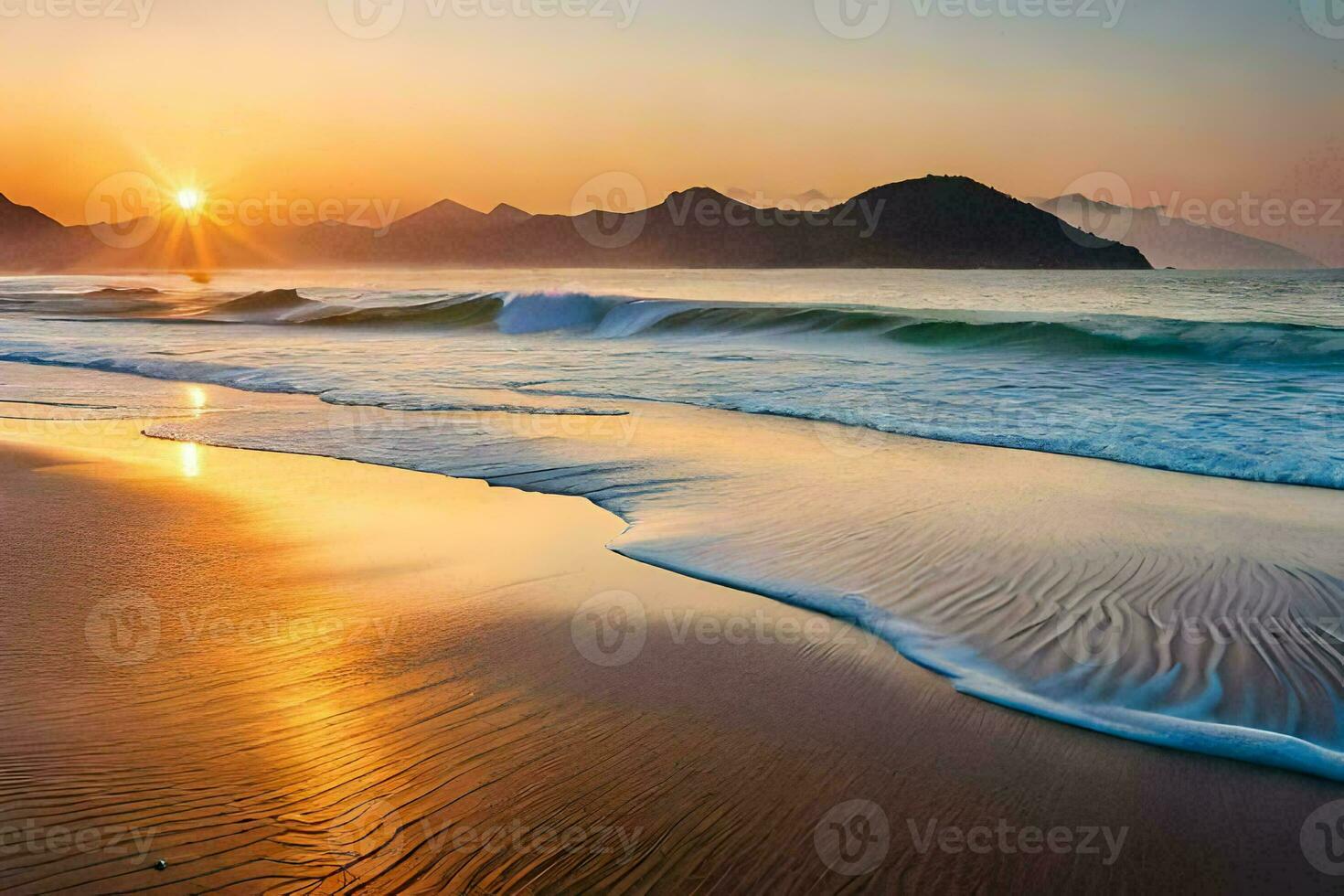 puesta de sol en el playa, ondas, montañas, y océano. generado por ai foto