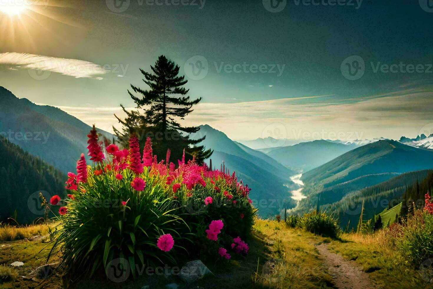 the sun shines on the mountains and flowers in the foreground. AI-Generated photo