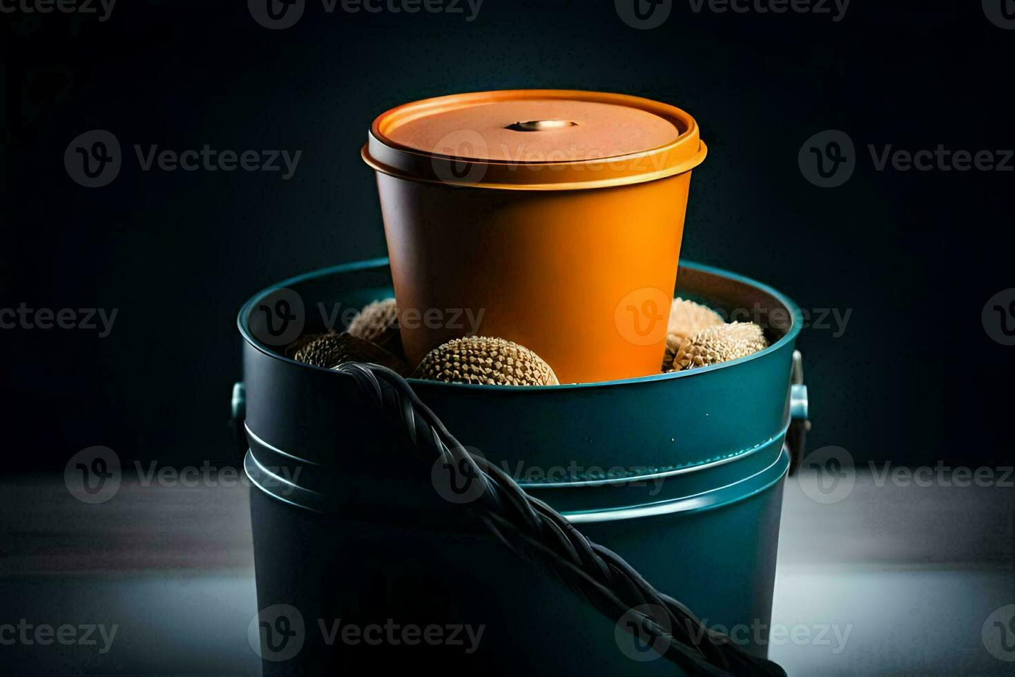 a coffee cup sitting in a bucket with some balls. AI-Generated photo