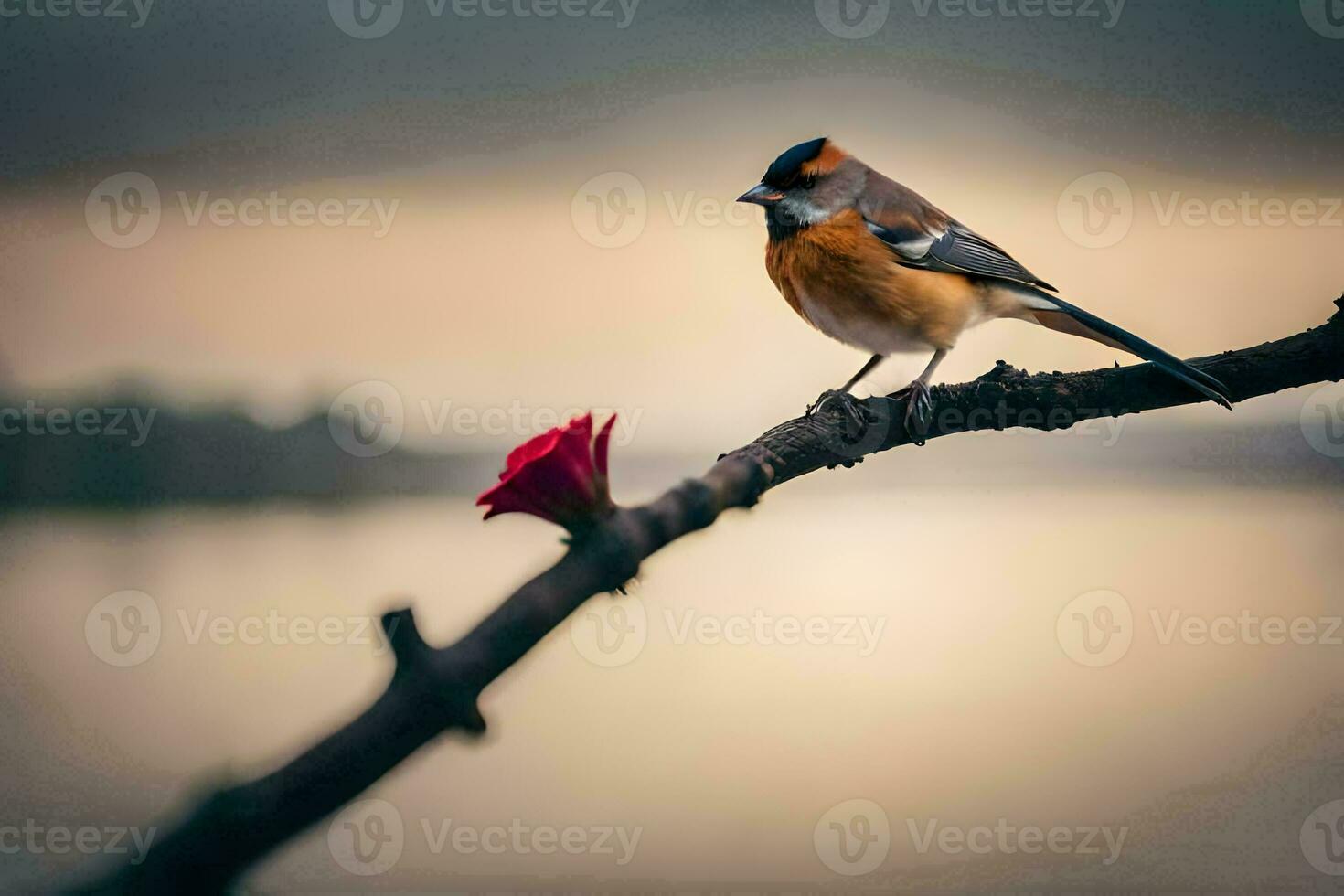 a bird sits on a branch near a river. AI-Generated photo