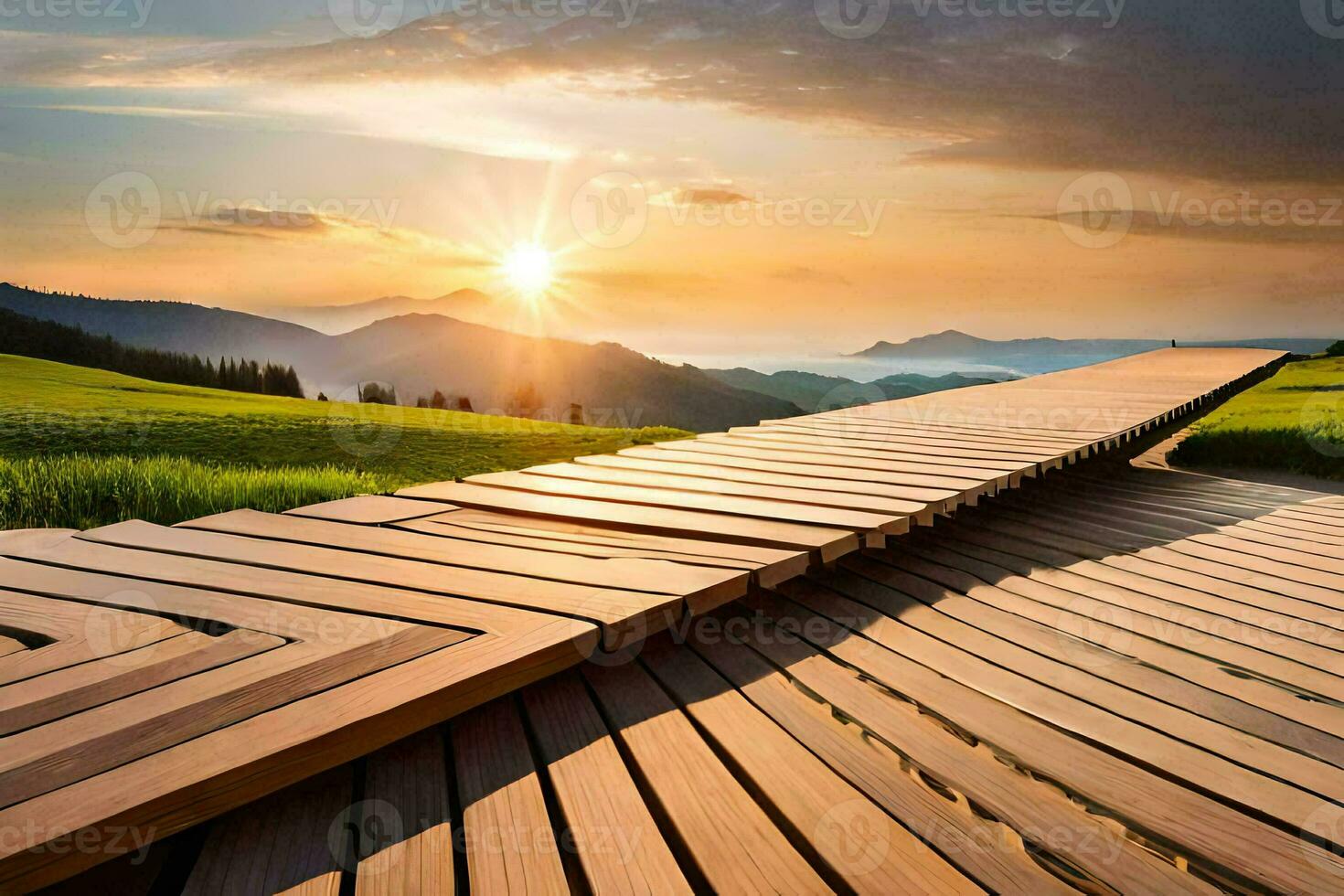 a wooden walkway in the mountains with the sun setting. AI-Generated photo