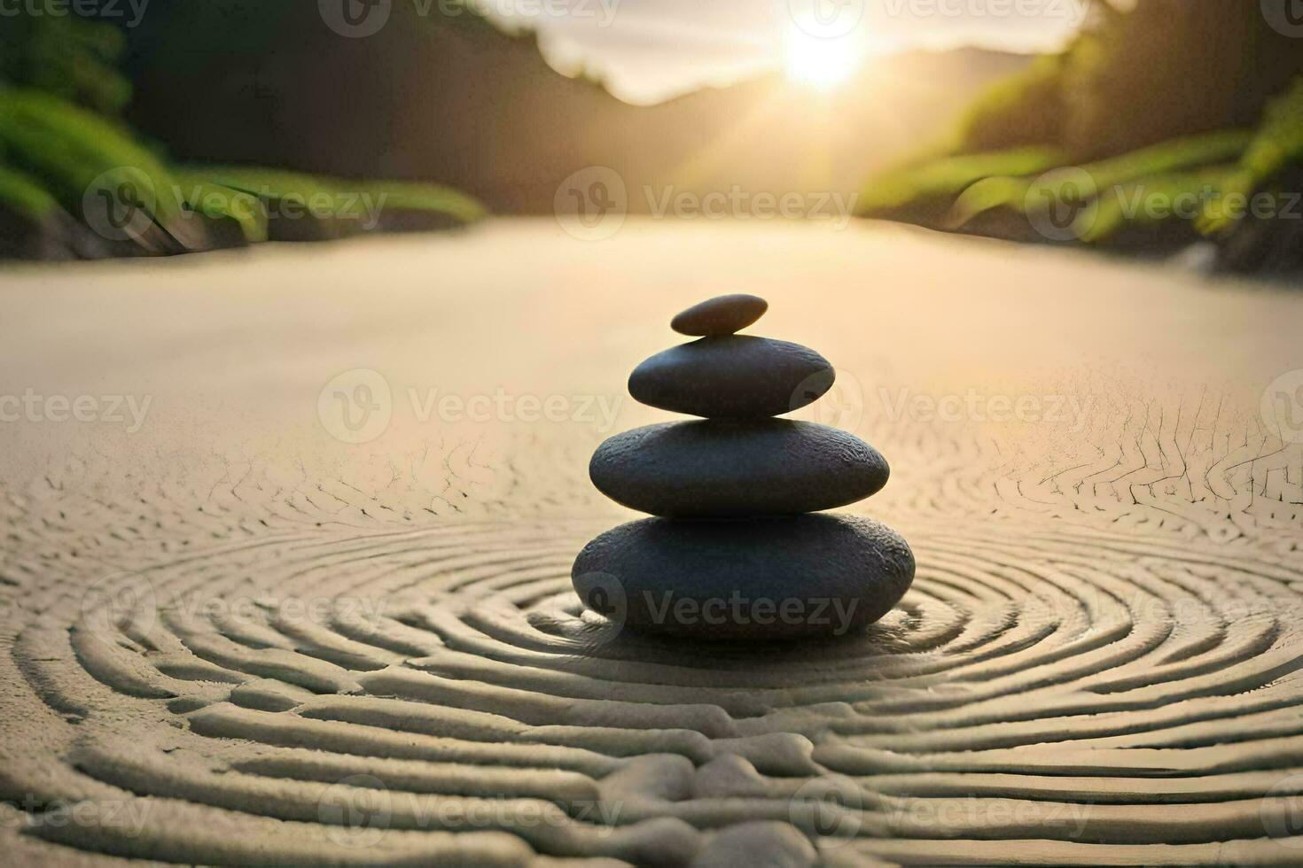 a stack of rocks on the sand at sunset. AI-Generated photo