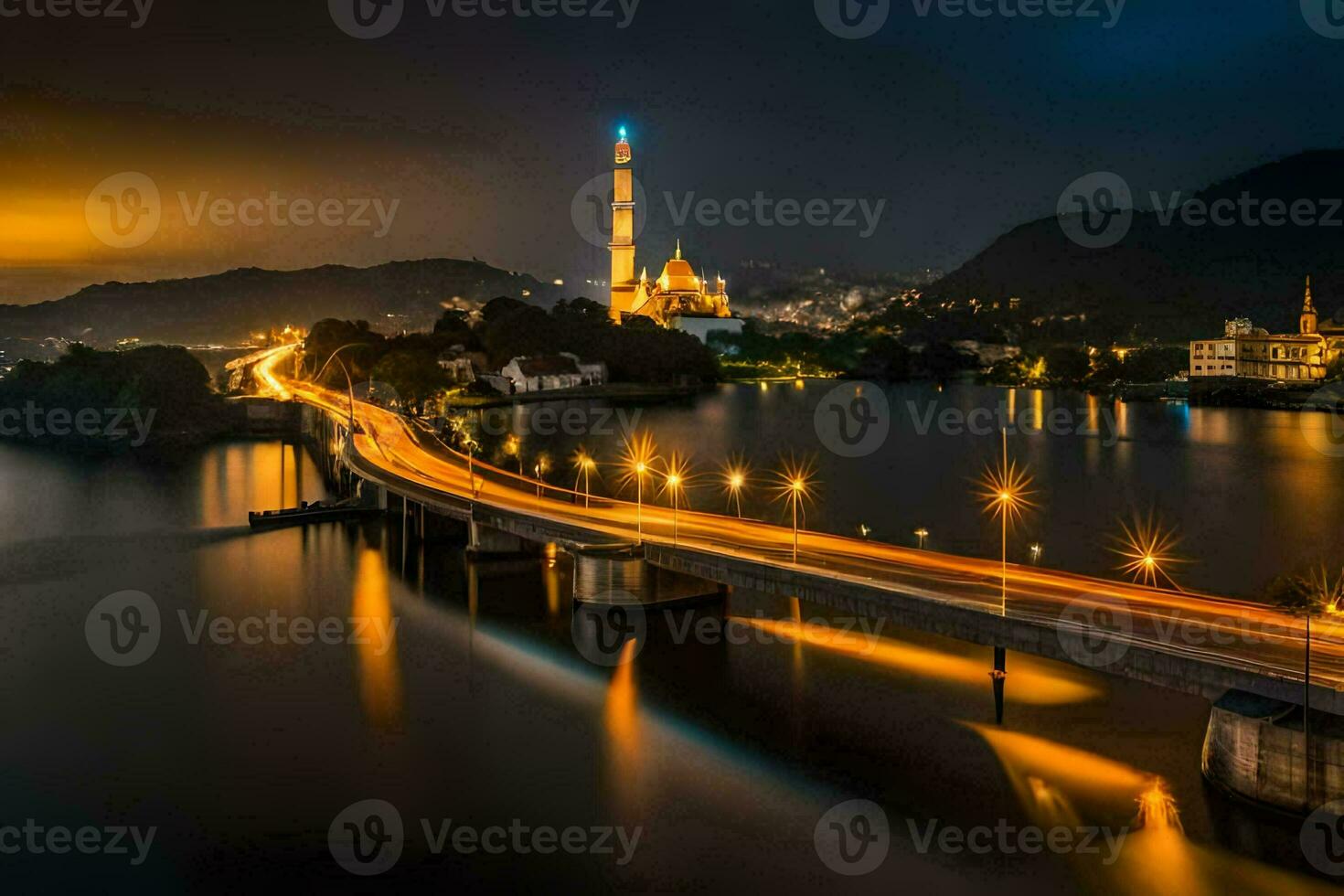 the bridge over the river at night with a mosque in the background. AI-Generated photo