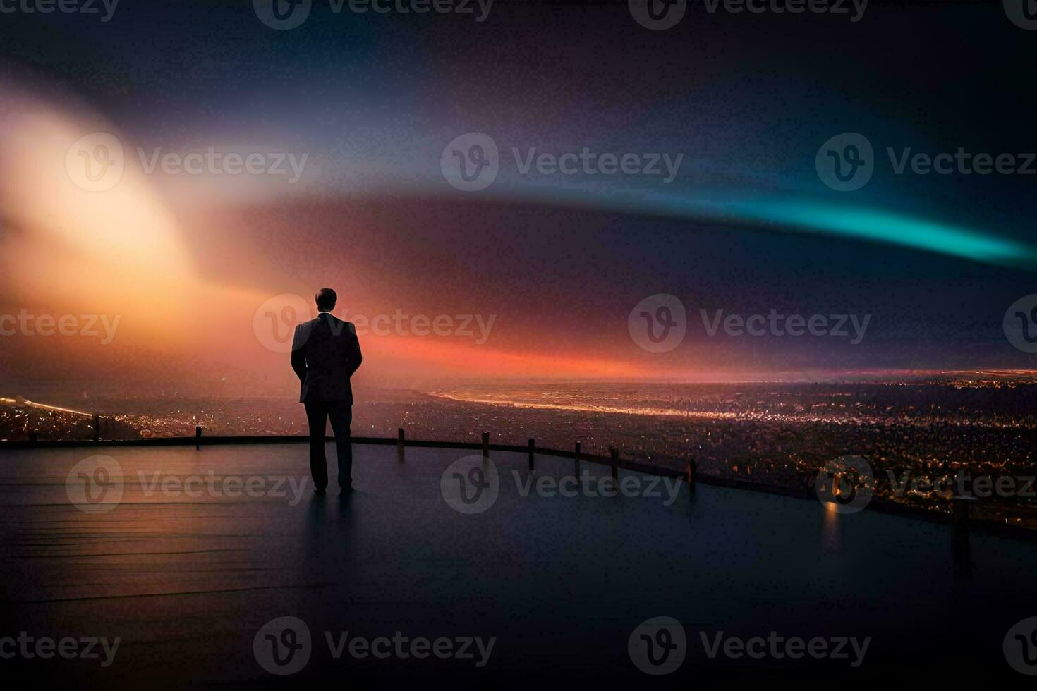 a man stands on a rooftop looking at the aurora. AI-Generated photo