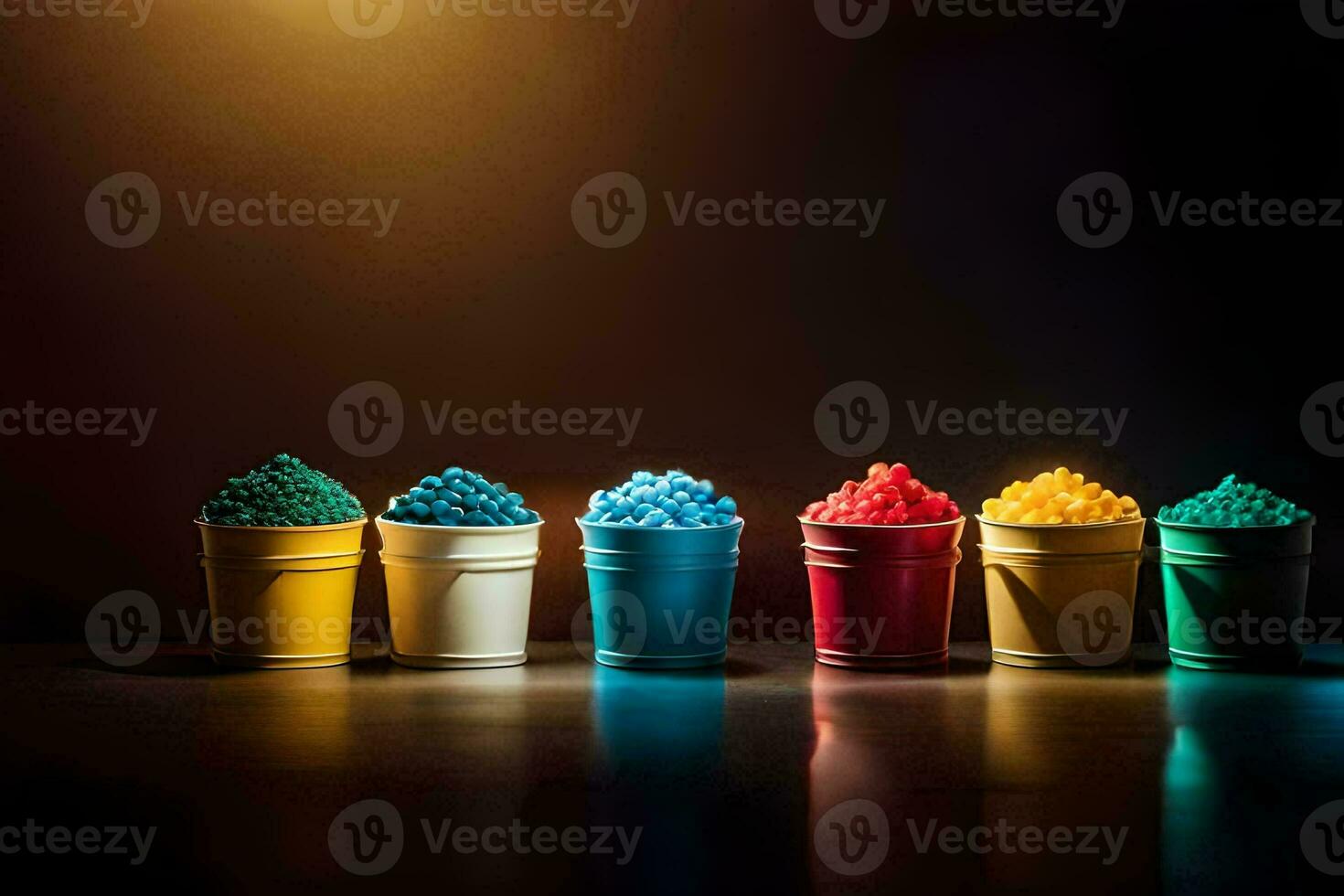 a row of colorful plastic cups with different colored balls. AI-Generated photo