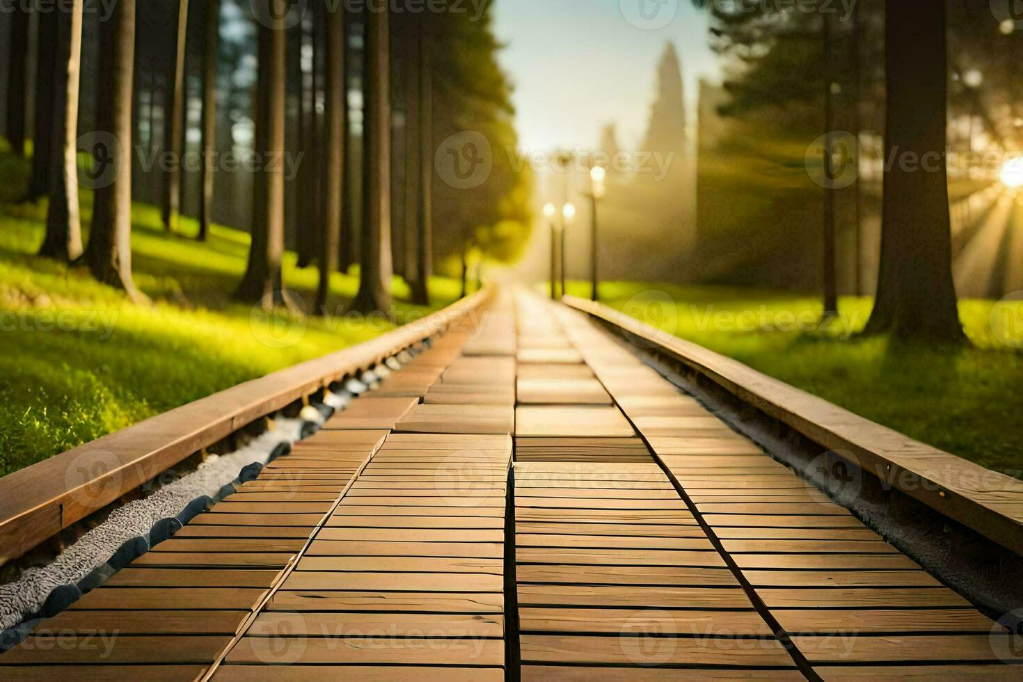 a wooden pathway in the middle of a green field. AI-Generated photo