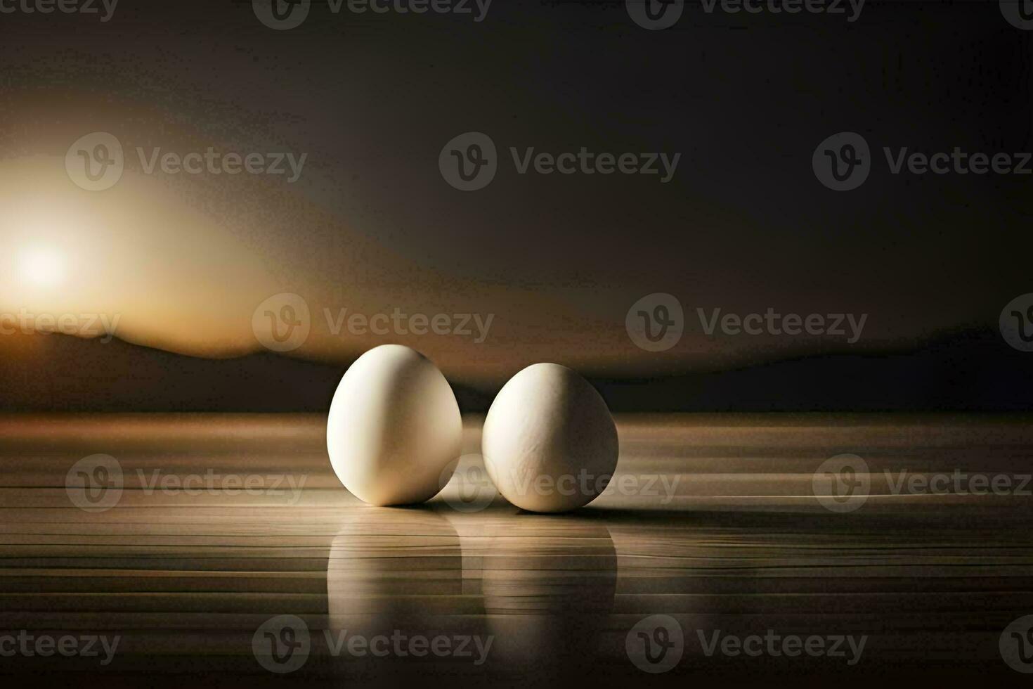 two eggs on a table with the sun in the background. AI-Generated photo