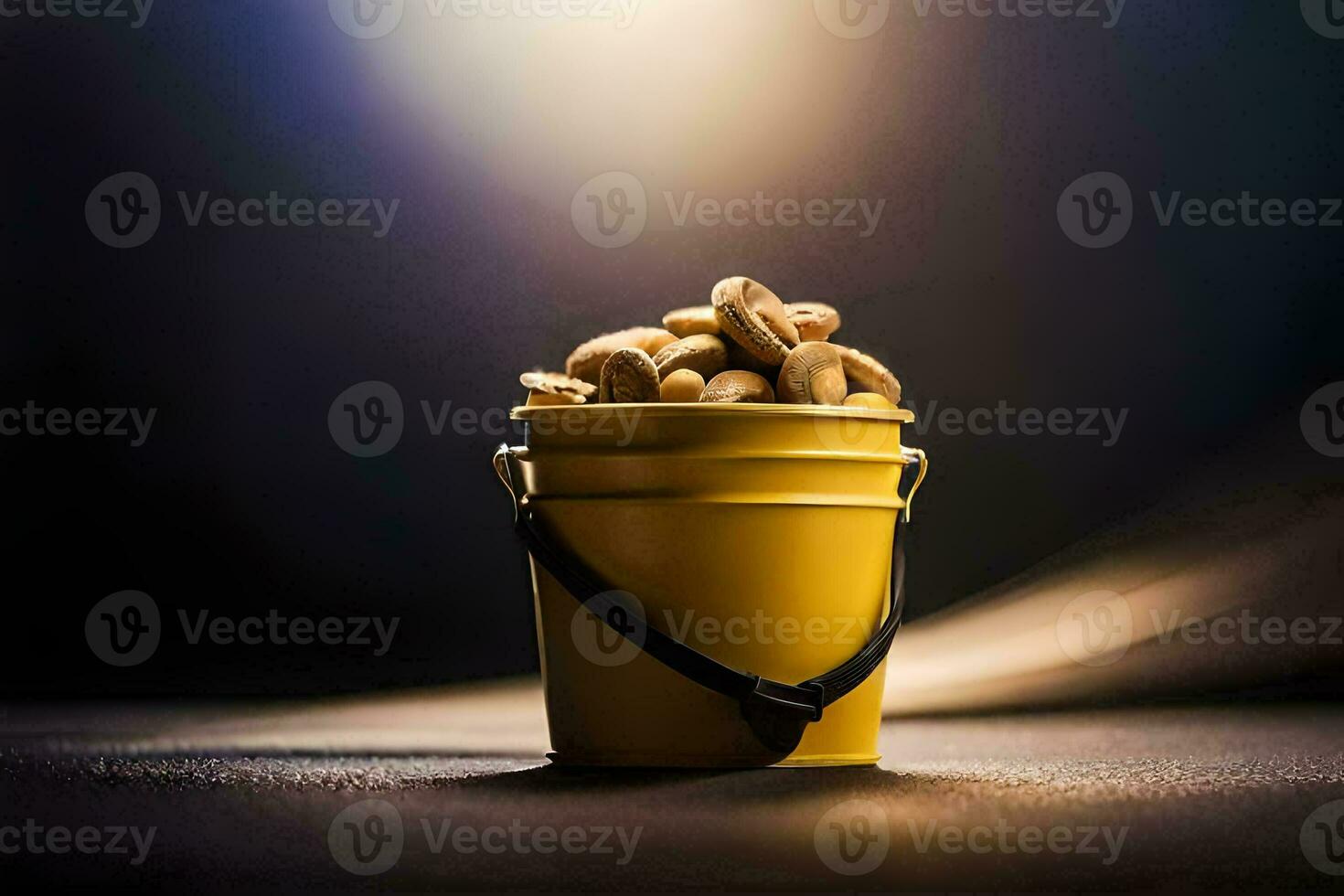 a bucket of cashews on a table. AI-Generated photo
