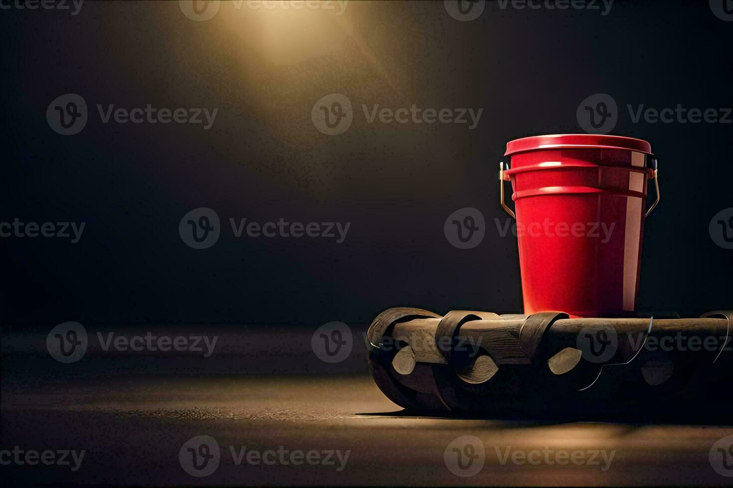 a red bucket sitting on top of a wooden table. AI-Generated photo