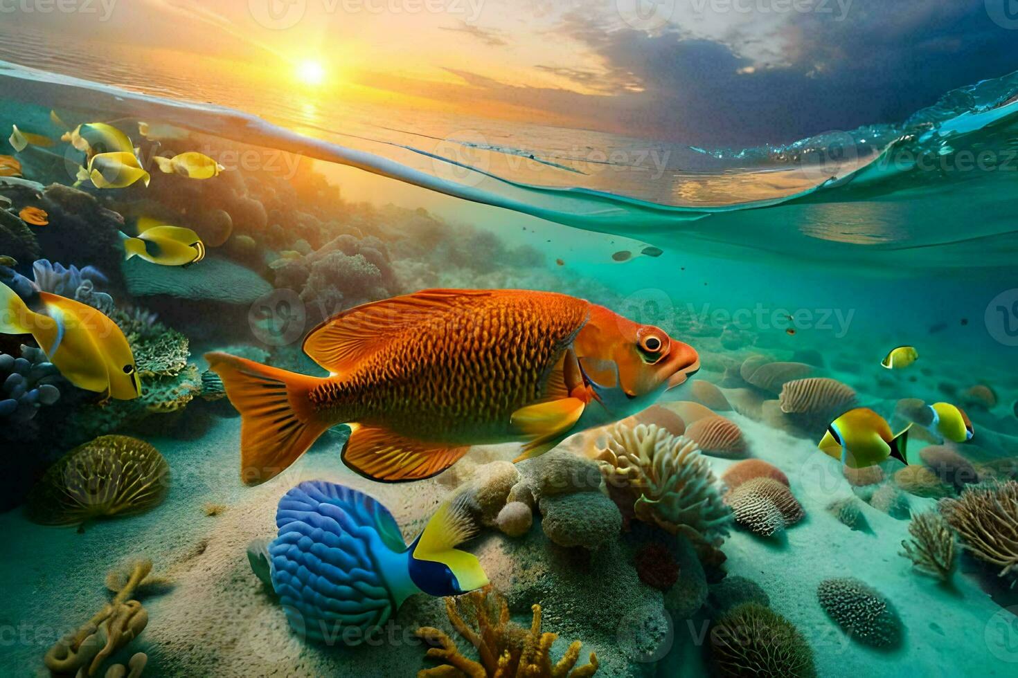 a fish swims in the ocean with coral reefs and fish. AI-Generated photo