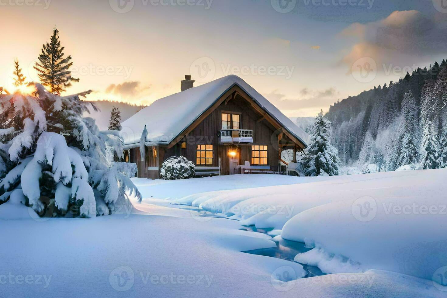 a cabin in the snow with trees and snow. AI-Generated photo