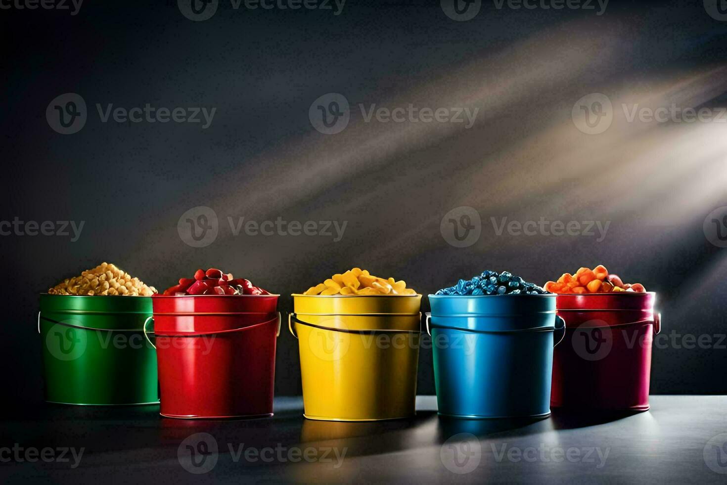 five buckets of different colored cereal on a dark background. AI