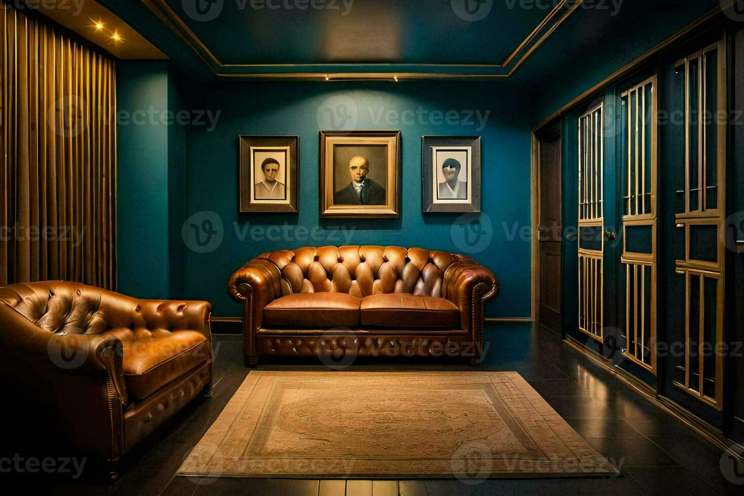 a room with blue walls and brown leather couches. AI-Generated photo