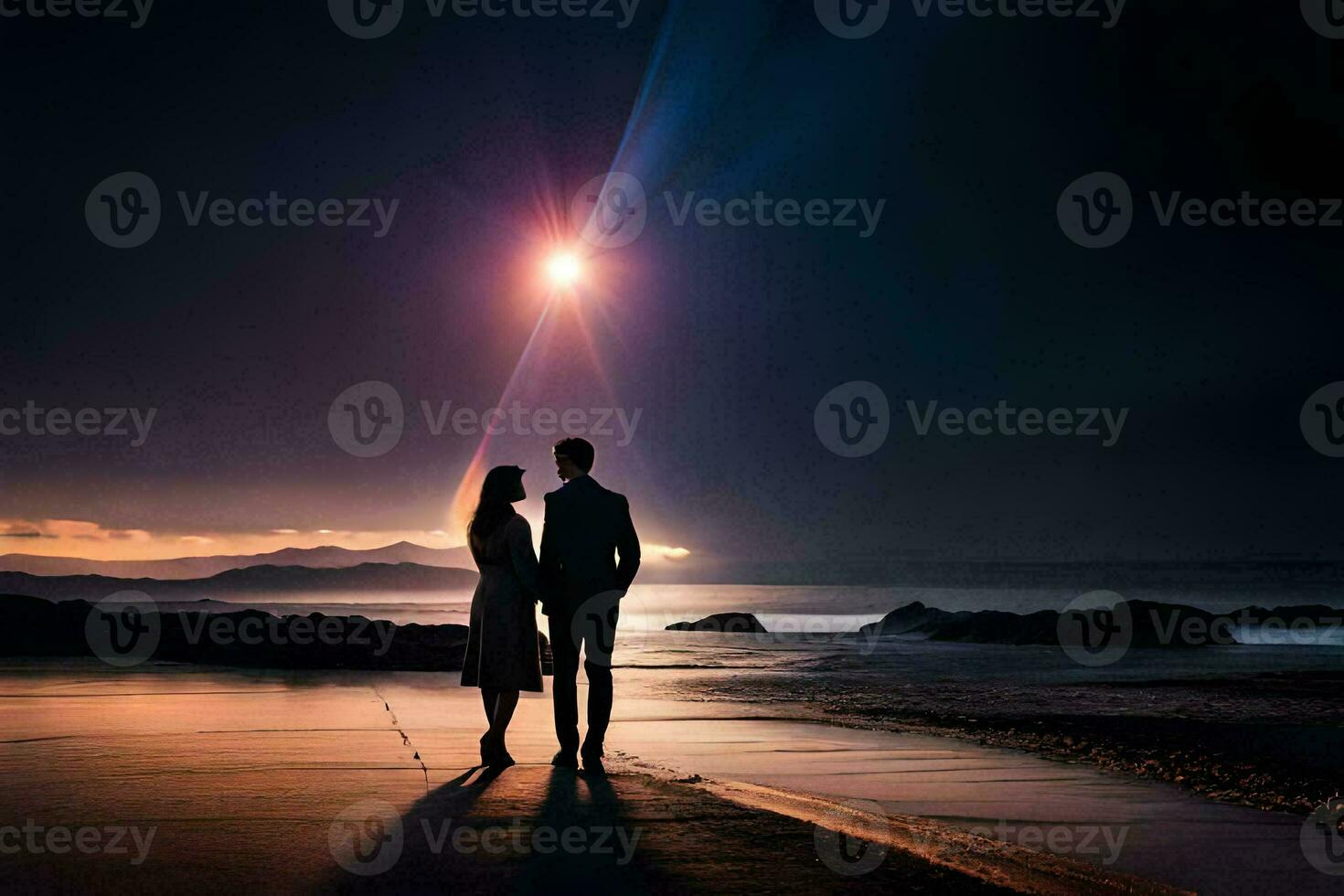 a couple standing on the beach at night. AI-Generated photo