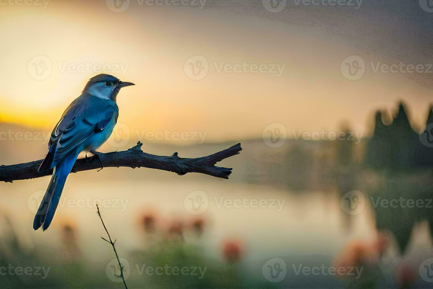 a blue bird sits on a branch near a lake. AI-Generated photo