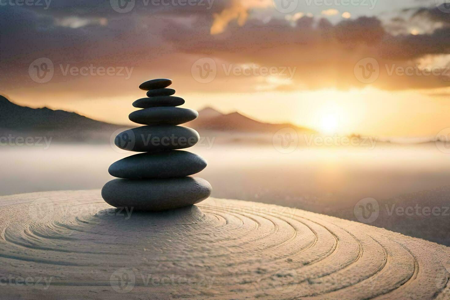 zen piedras apilado en parte superior de cada otro en el arena. generado por ai foto