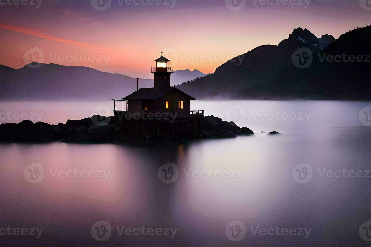 a lighthouse sits on a rock in the middle of the ocean. AI-Generated photo