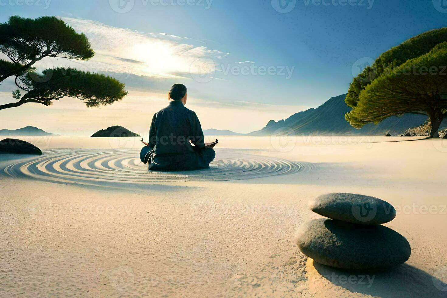un hombre meditando en el arena cerca un árbol. generado por ai foto