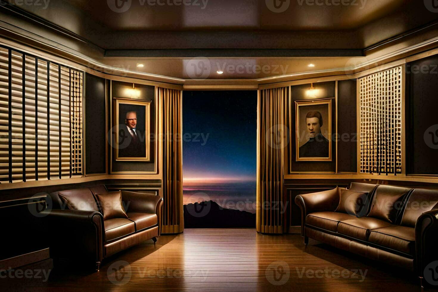 a room with two couches and a window with a view of the ocean. AI-Generated photo