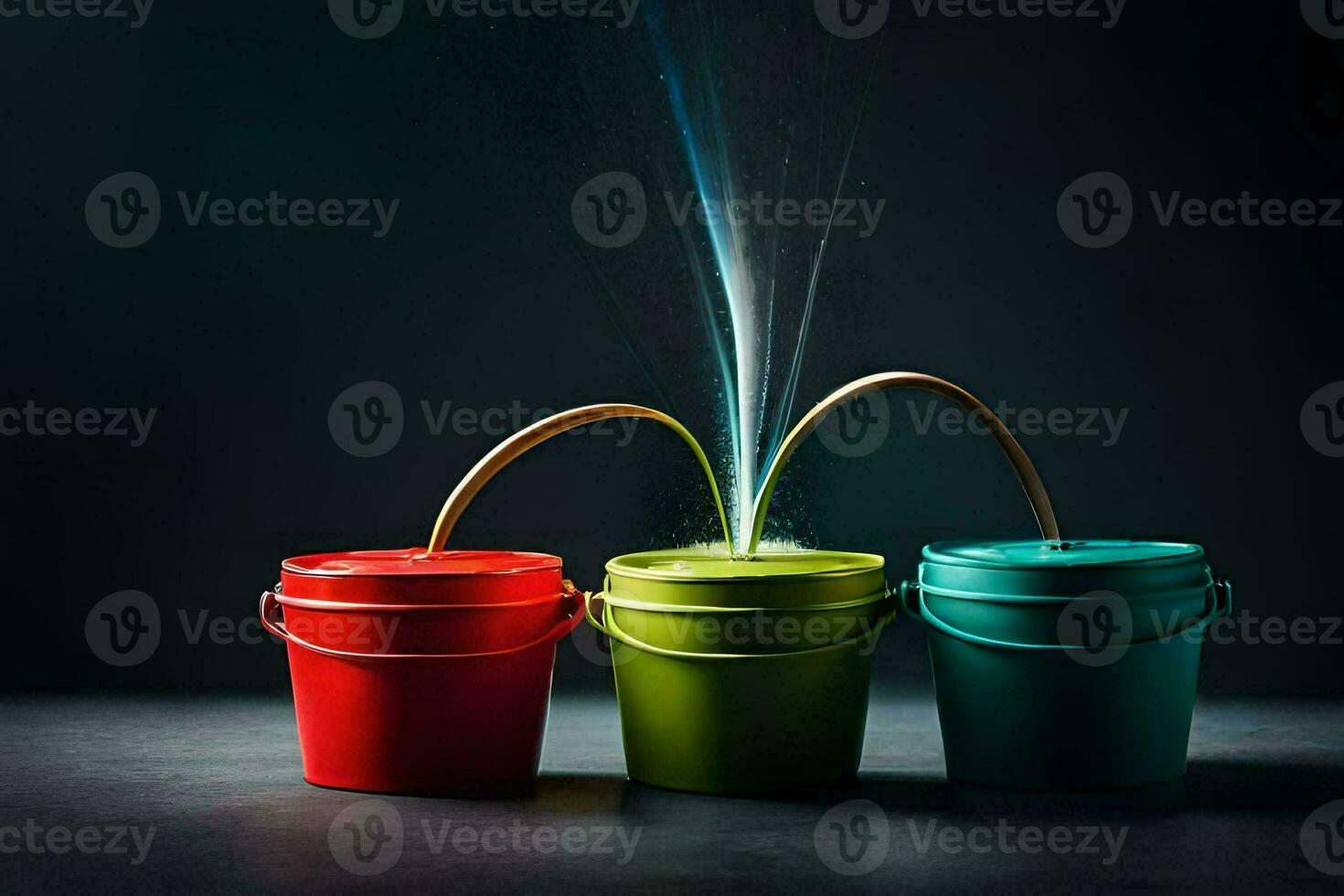 three buckets with water pouring out of them. AI-Generated photo