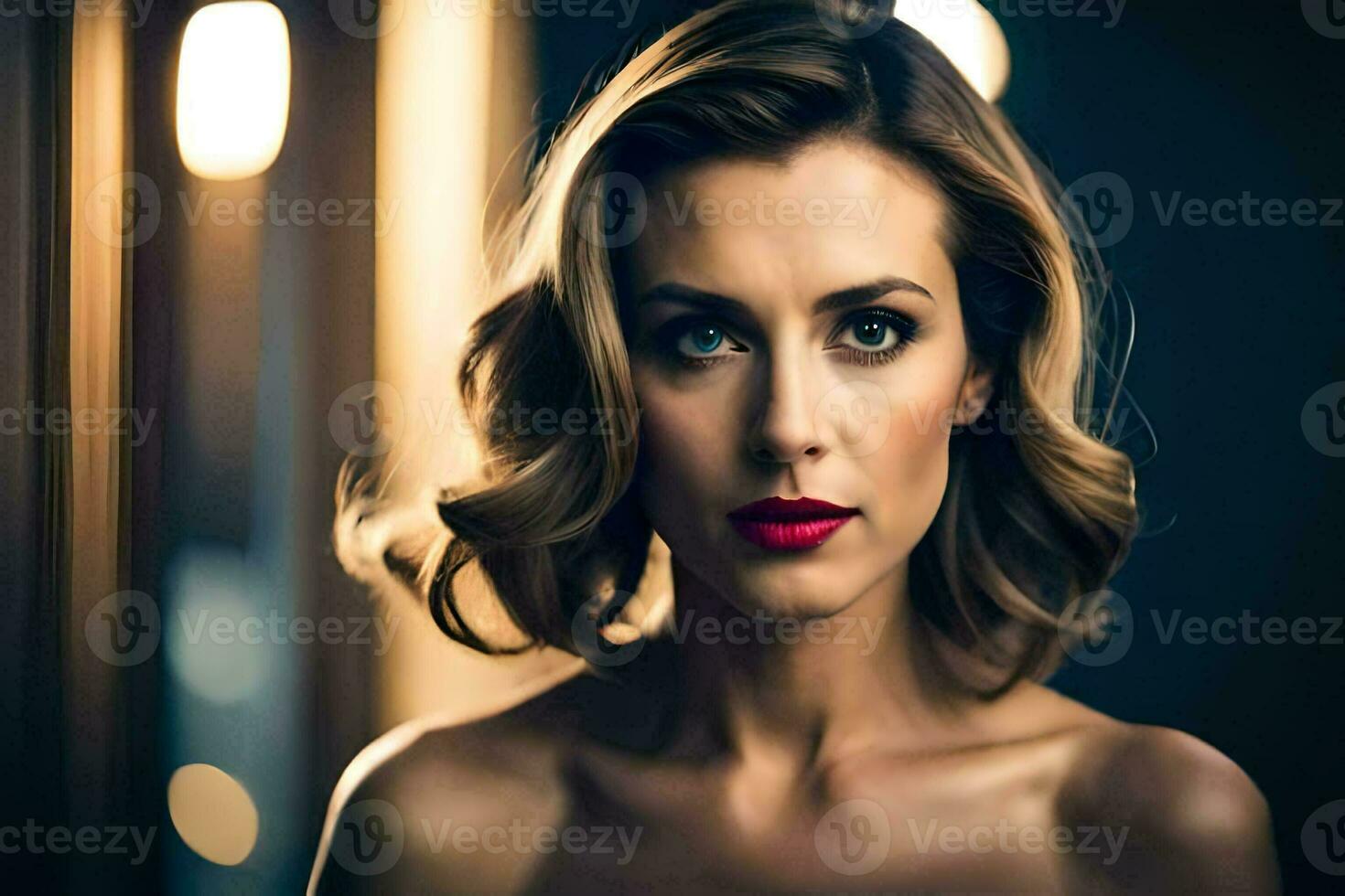 a beautiful woman with red lipstick and a black dress. AI-Generated photo