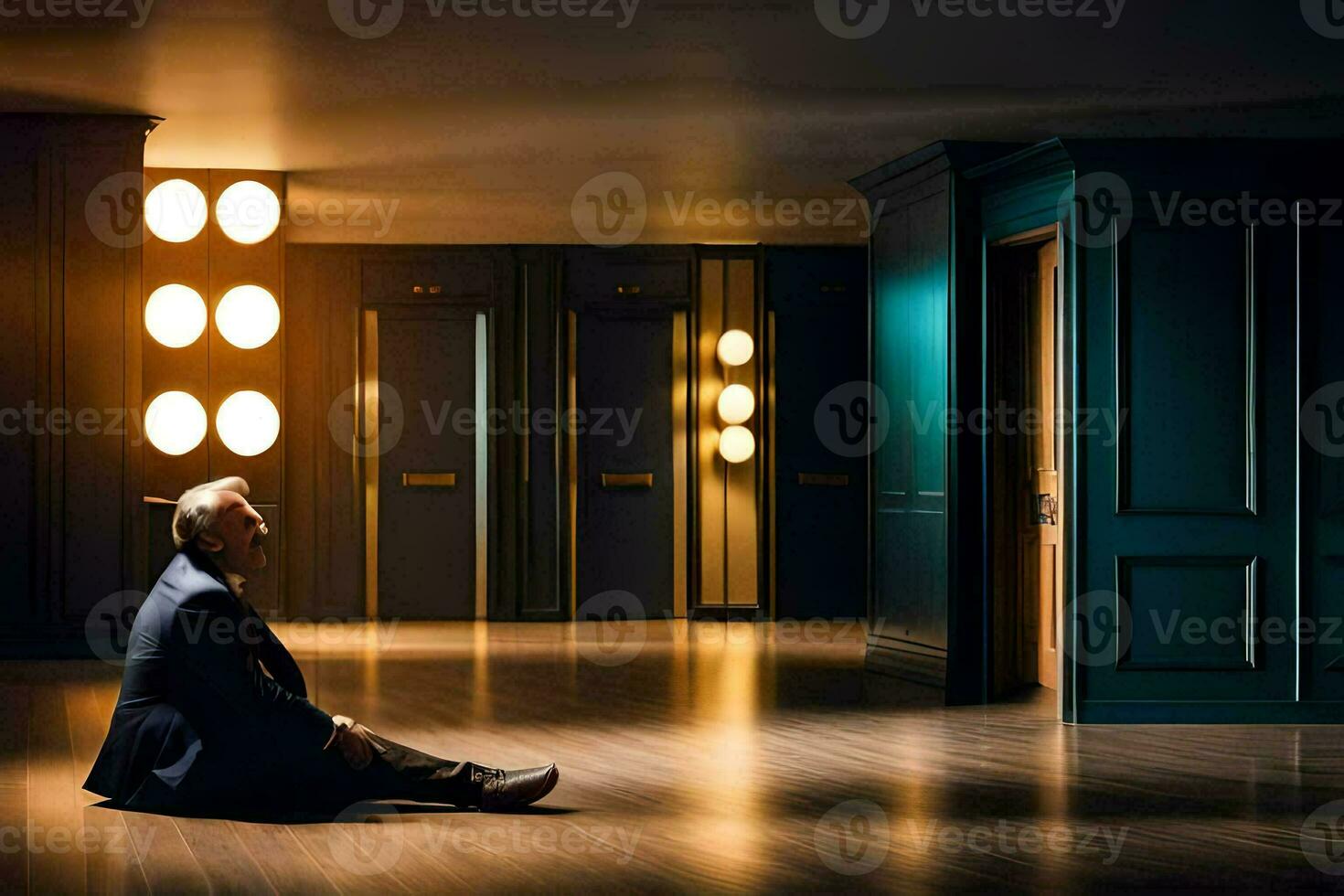 a man sitting on the floor in an empty room. AI-Generated photo