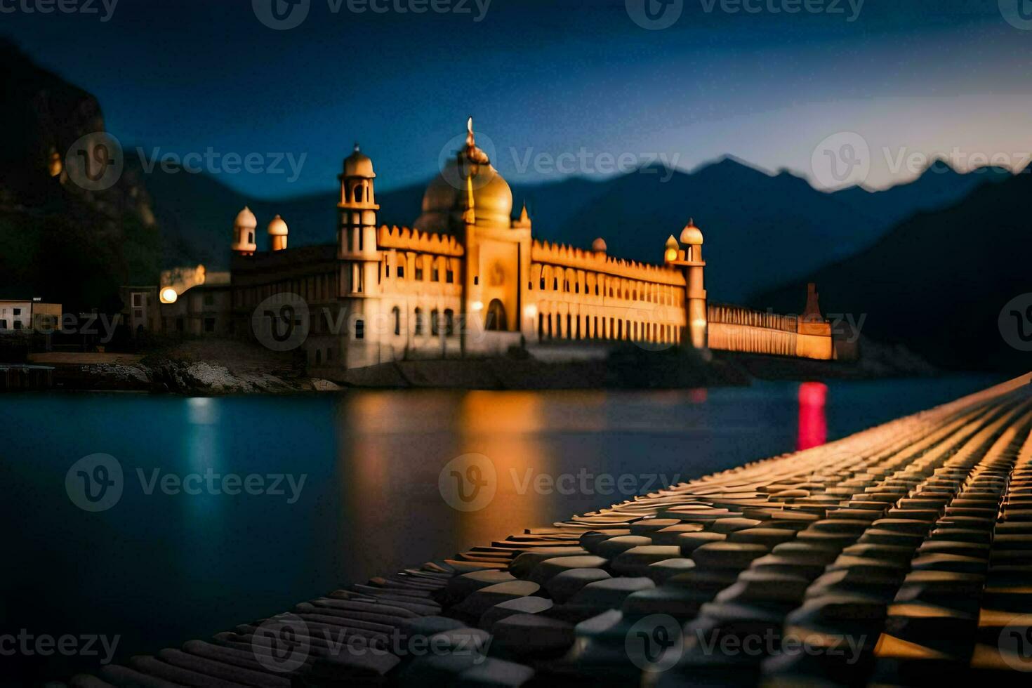 the beautiful mosque in the middle of the lake. AI-Generated photo
