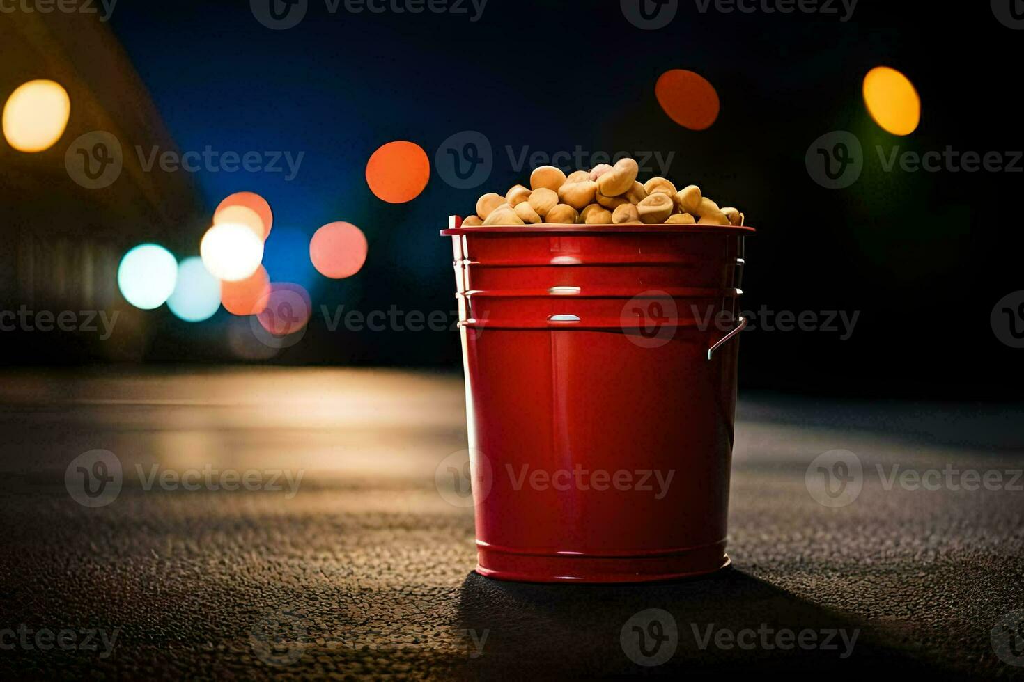 a red bucket filled with peanuts sitting on the street. AI-Generated photo