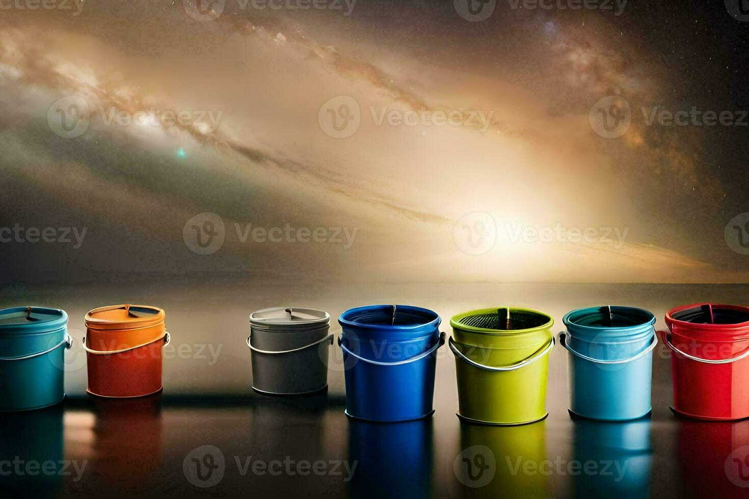 colorful buckets lined up against a dark background. AI-Generated photo