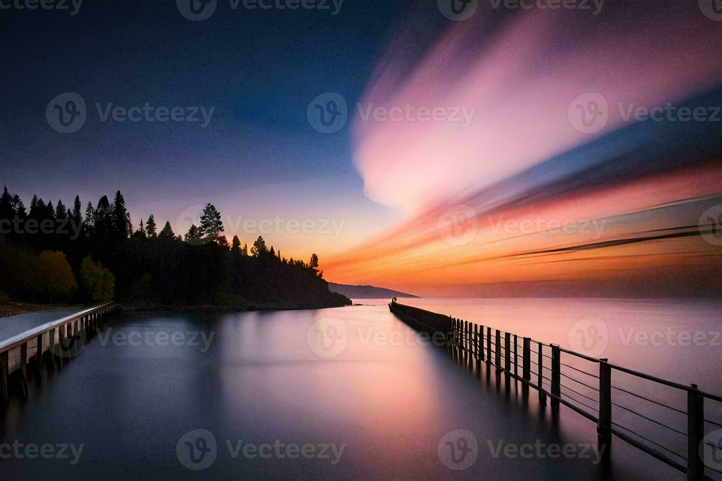 a long exposure photograph of a pier at sunset. AI-Generated photo