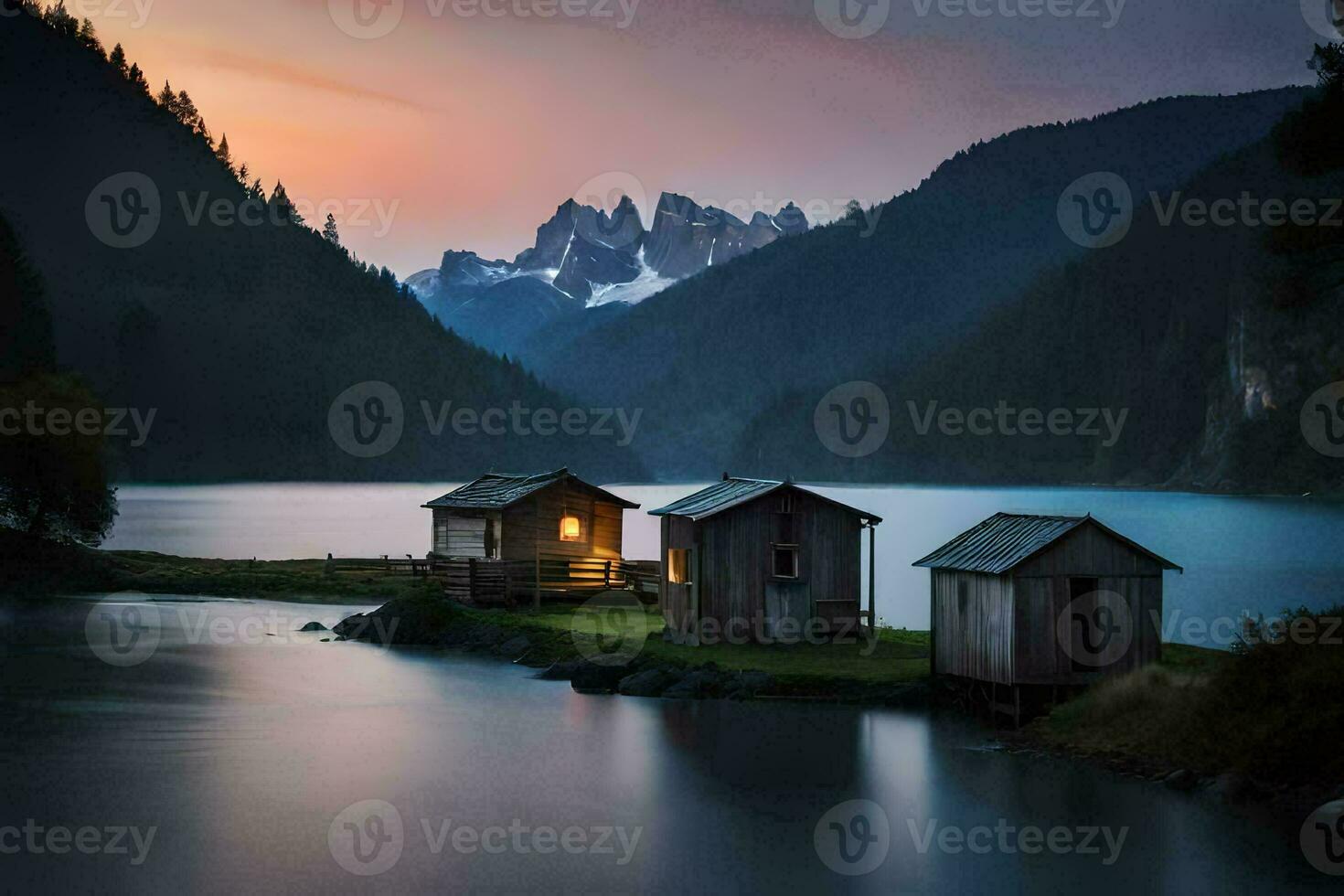 photo wallpaper the sky, mountains, lake, hut, the mountains, the lake, the hut. AI-Generated
